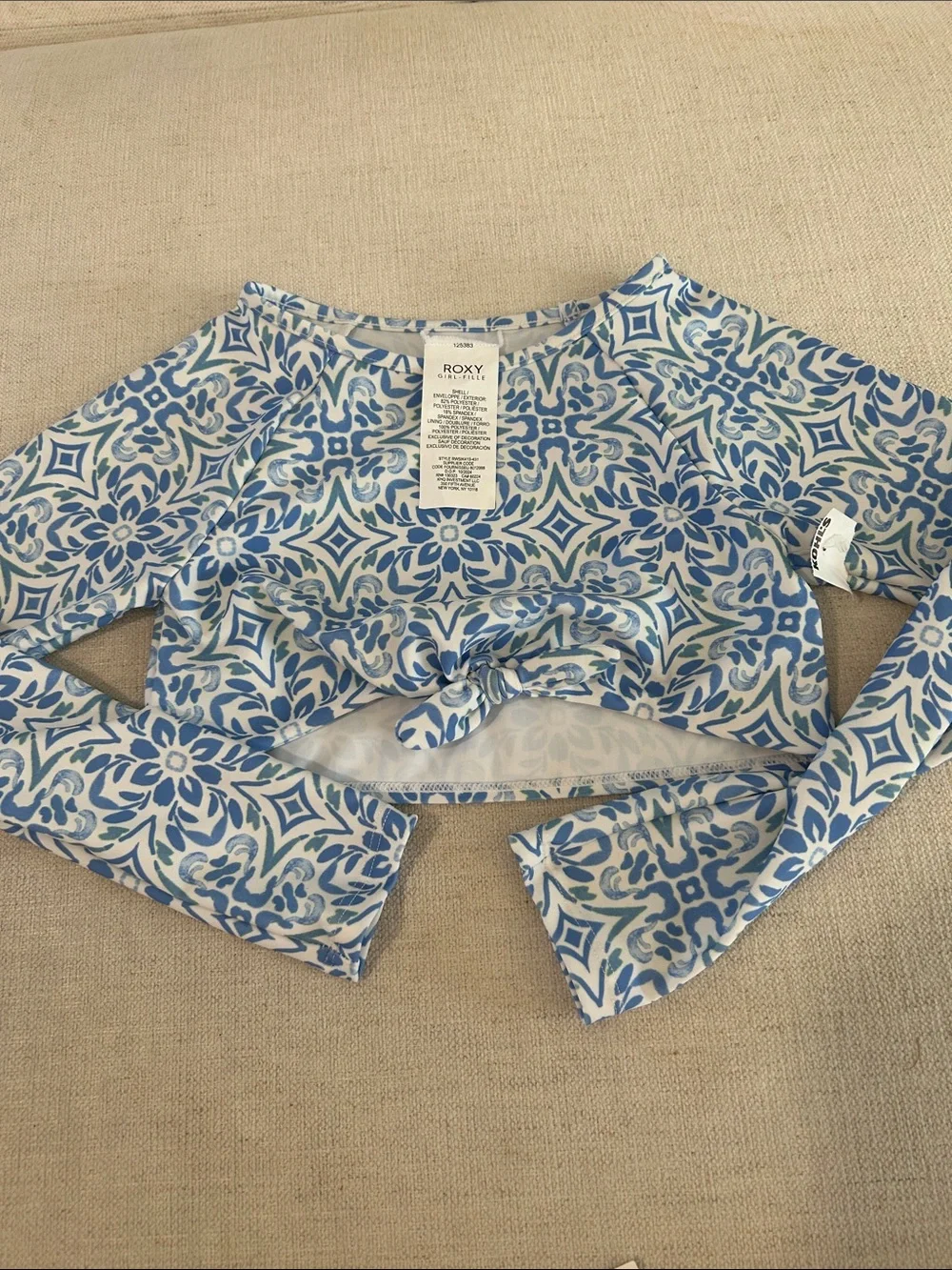 Roxy Girls Fresco Tile Crop Rashguard, 2-Piece Set, Blue, size 8, NWT